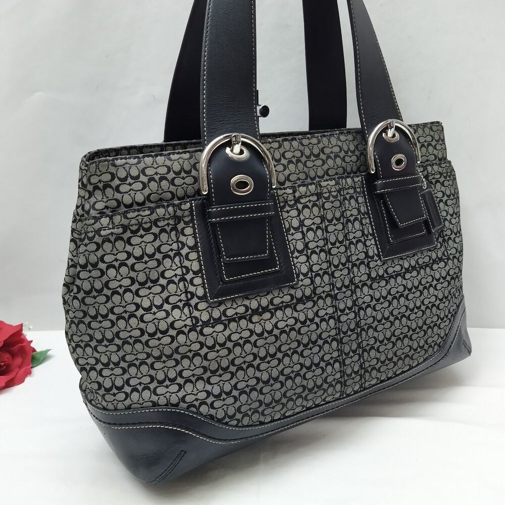 Coach Signature Black Canvas Leather Trim Double Handles Tote Bag - Picture 3 of 16